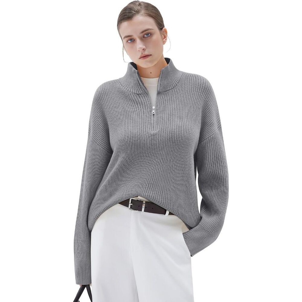 Women Grey Oversized Cashmere Collared Ribbed Long Sleeve Sweater
